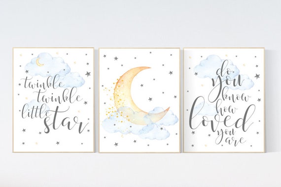 Baby room decor gender neutral, twinkle twinkle little star, cloud and stars, baby room art, moon and stars, blue yellow, unisex