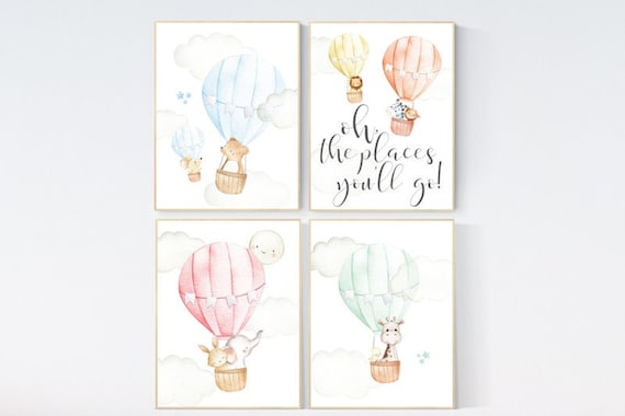 Hot air balloon nursery wall art, Gender neutral nursery, nursery wall art animals, set of 4, baby room decor, travel theme, adventure theme