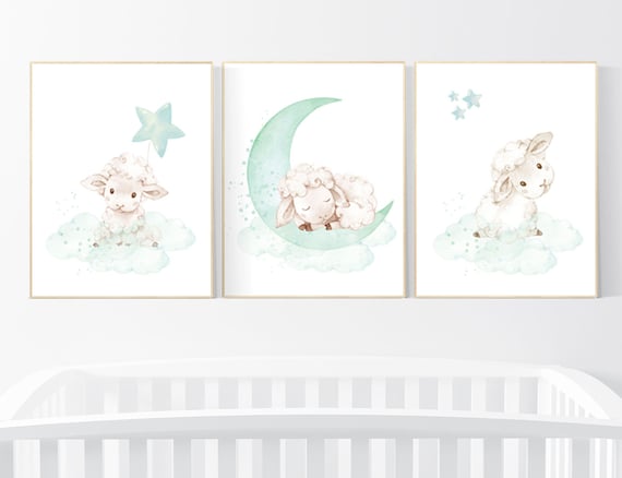 Mint nursery decor, nursery decor lambs, Sheep nursery decor, nursery wall art sheep, gender neutral nursery, cloud and star, mint green