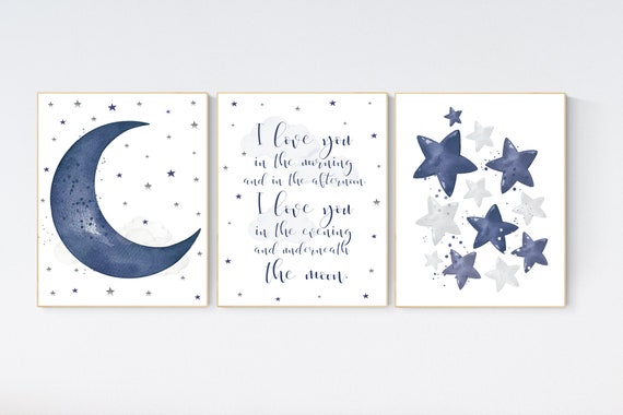 Nursery decor boy navy blue, Nursery wall art boy, navy nursery decor, moon and stars, nursery prints boy, moon and stars