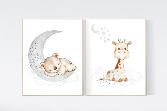Nursery wall art animals, gray nursery, gender neutral nursery, neutral nursery, bear, giraffe, animal prints, gray nursery, grey nursery