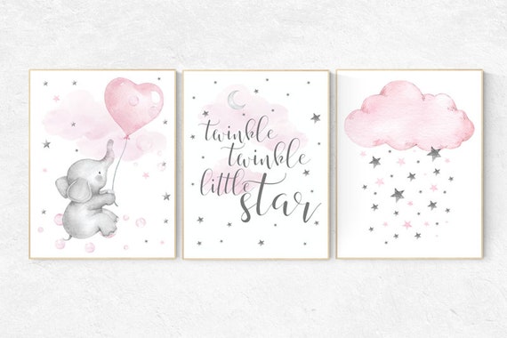 Nursery decor girl elephant, elephant nursery, cloud and star nursery, baby room decor girl, pink nursery wall decor, baby girl nursery