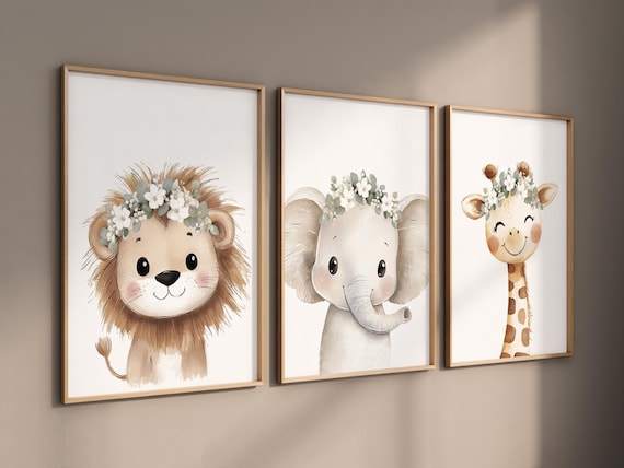 Safari Nursery Wall Art Set, Baby Animal Prints with White Flower Crowns, Lion Elephant Giraffe Poster for Girl’s Room or Baby Shower