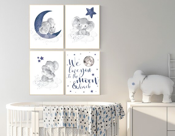 Nursery decor boy elephant, navy nursery decor, we love you to the moon and back, moon and stars, navy blue nursery art, elephant nursery