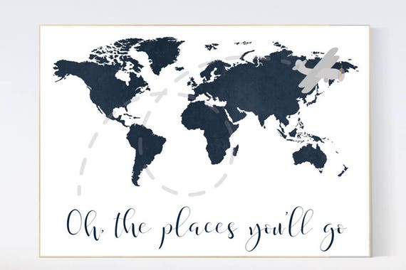 Navy nursery, Oh the places you'll go, world map wall art kids, navy blue, nursery decor boys, world map nursery, navy nursery, navy gray