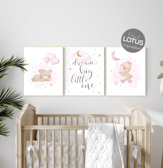 Nursery decor girl, pink and gold, bear nursery, girls room decor, animal nursery, dream big little one, pink gold nursery, girl nursery