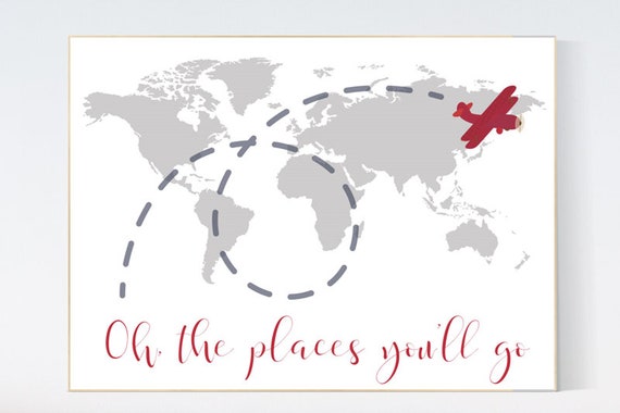 Oh the places you'll go, gray red nursery decor, travel nursery decor, World Map wall art, world map nursery, red gray nursery, grey nursery