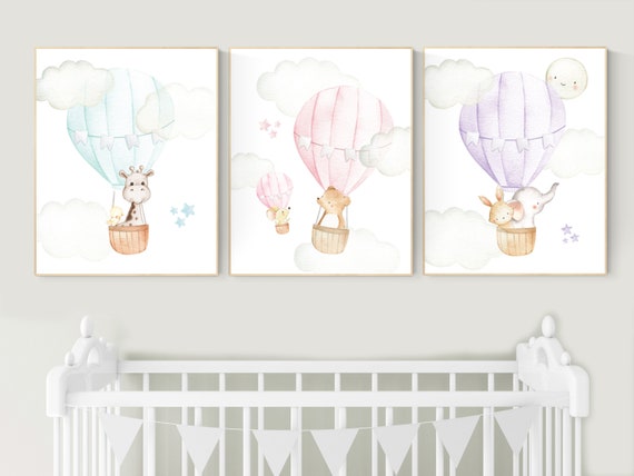 Nursery decor gender neutral, hot air balloon, animal prints, mint, pink, purple, neutral, twins, animal nursery, neutral, elephant, bear