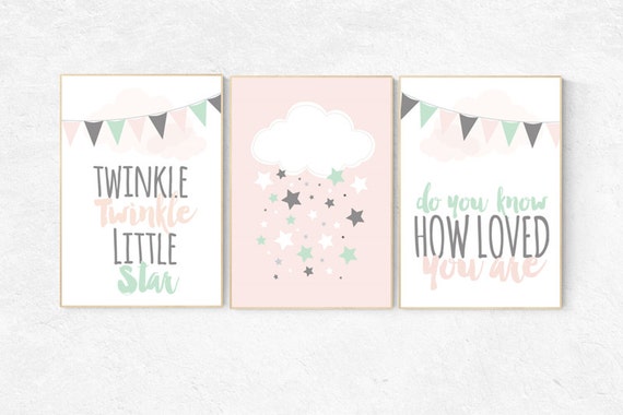 Twinkle Twinkle Little Star, Baby girl nursery decor, coral mint nursery decor, cloud nursery girls room wall art pink nursery coral nursery