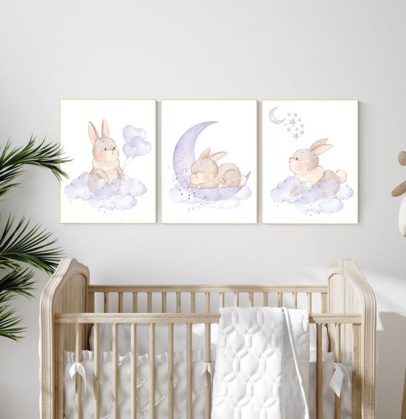 Nursery decor girl, bunny nursery decor, purple nursery decor, lilac nursery decor girl, lavender nursery, rabbit nursery art, set of 3
