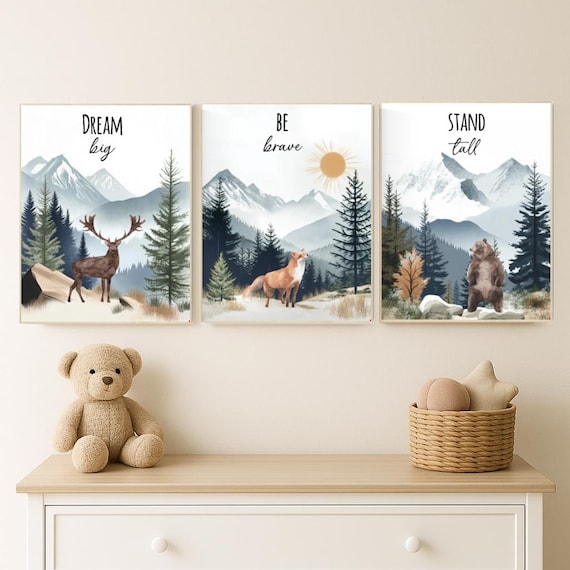 Woodland Mountain Nursery Wall Art Prints with Quotes – Set of 3 Deer, Fox, Bear – Dream Big, Be Brave, Stand Tall – Baby Room Décor