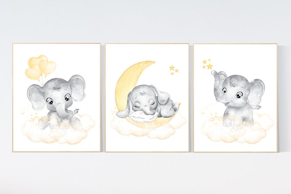 Nursery wall art neutral, nursery wall art elephant, moon and stars, gender neutral, baby room decor, elephant balloon, yellow grey, elegant