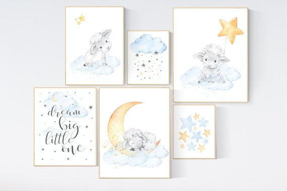 Nursery decor lambs, Sheep nursery decor, blue yellow nursery, nursery decor neutral, cloud and stars, dream big little one, gender neutral