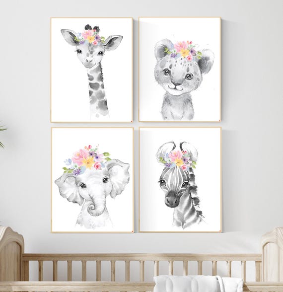Girl nursery decor, Nursery wall art animals, Safari animals, Floral Nursery Prints, pink nursery, girls nursery decor, elephant nursery