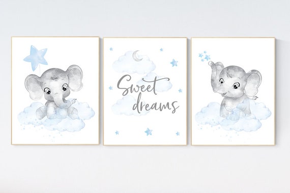 Nursery decor boy elephant, nursery wall art elephant, baby room decor boy, cloud and stars, Elephant Nursery Art, Baby Boy Nursery Art