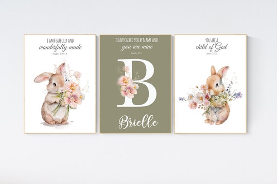 Bunny nursery print, Bunny Floral Watercolor Prints, Nursery wall art girl bunny, bunny nursery decor, sage green nursery, bunny nursery