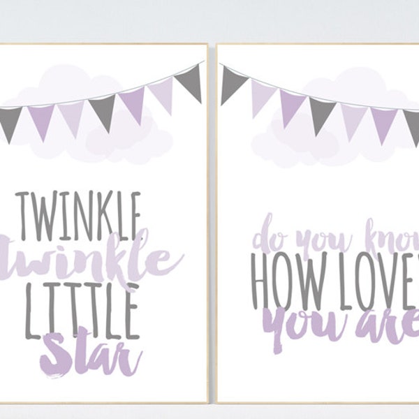 Twinkle Twinkle Little Star, Purple nursery decor, baby girl nursery wall art, new baby gift, purple gray nursery, Purple Grey Nursery
