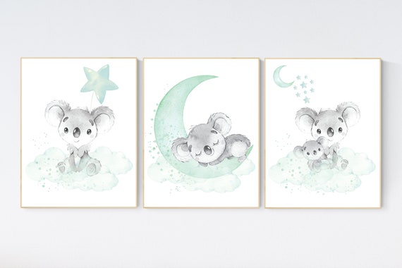 Koala nursery, mint nursery, moon and stars, mint green nursery art, nursery prints animals, gender neutral nursery, koala mother and baby