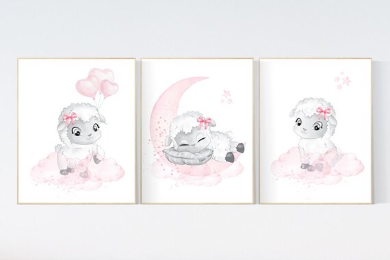 Nursery decor lamb, Sheep nursery decor, Nursery decor girl, nursery wall art sheep, moon and cloud wall art nursery, girl nursery decor