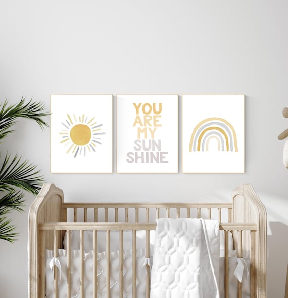 Nursery prints rainbow, mustard yellow and gray, nursery wall decor, rainbow nursery, you are my sunshine, nursery decor neutral, sunshine