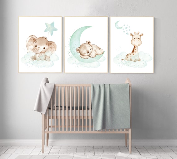 Nursery wall art mint, mint green, woodland, jungle, elephant, giraffe, bear, prints, Nursery decor animals, twins, gender neutral