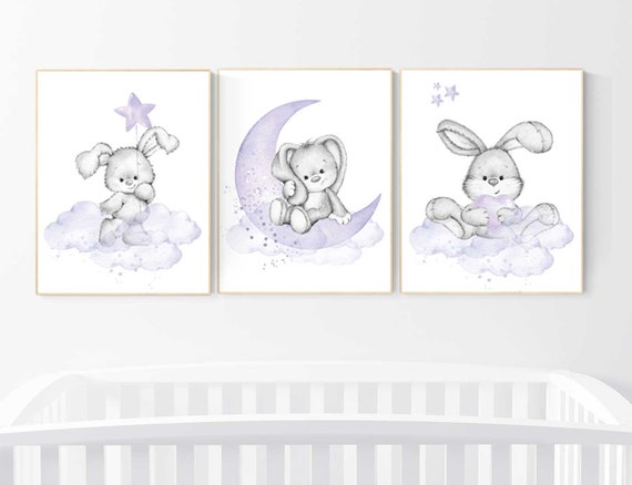 Bunny nursery wall art, Purple nursery decor, Nursery decor girl flower bunny, lilac, lavender, bunny print nursery girl, rabbit print