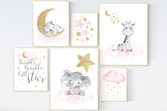 Nursery wall art girl, giraffe nursery, baby room decor girl gold and pink, twinkle twinkle little star, moon and stars, elephant nursery