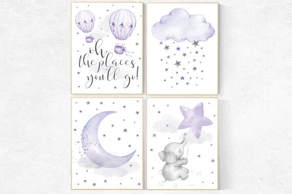 Nursery decor girl purple, nursery decor elephant, Nursery decor girl lavender and gray, oh the places you'll go, lilac, hot air balloons