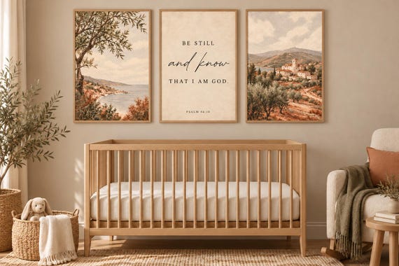 Christian Wall Art Set, Psalm 46:10 Vintage Landscape Prints, Neutral Farmhouse Decor