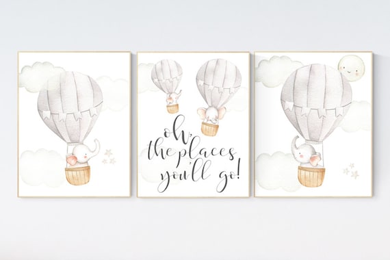 Hot air balloon nursery, neutral nursery, elephant nursery, gender neutral, baby room decor, elephant prints, travel theme, beige nursery
