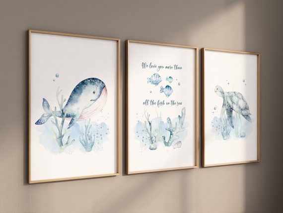 Sea nursery, Ocean Nursery Prints, Underwater Nursery, under the sea nursery, whale nursery, sea turtle, Nautical nursery, gender neutral