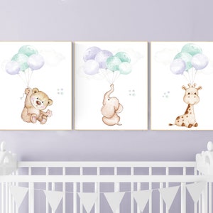 Nursery decor girl purple, purple mint nursery, animal prints, , lavender nursery, lilac nursery, elephant nursery, balloon nursery, bear