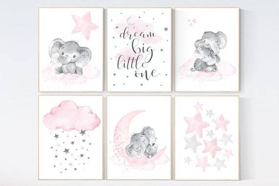 Nursery decor girl, nursery decor elephant, girl room wall art, baby nursery wall art, moon and stars nursery, nursery decor clouds stars