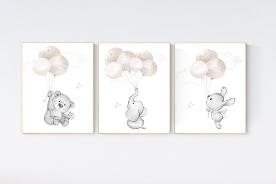 Nursery wall art animals, gray nursery, gender neutral nursery, neutral nursery, baby room decor, bear, elephant, bunny, animal prints