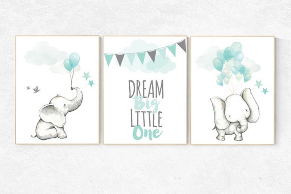 Nursery decor elephant, mint nursery decor, dream big little one, gender neutral nursery, animal balloons, nursery decor mint green, neutral