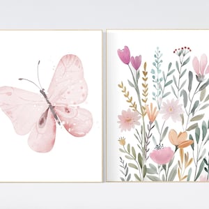 Blush Butterfly & Floral Wall Art Set of 2, Girl Nursery Decor Prints, Watercolor Botanical, Pastel Nursery Wall Art