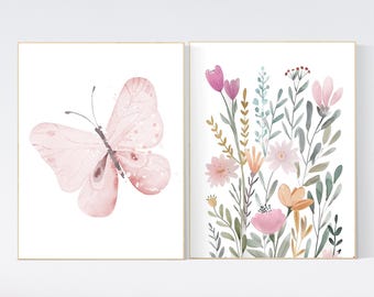 Láminas decorativas infantiles con mariposas en tonos rosados: Decoración floral de pared en acuarela, juego de 2