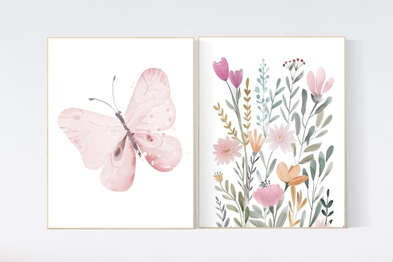 Blush Butterfly & Floral Wall Art Set of 2, Girl Nursery Decor Prints, Watercolor Botanical, Pastel Nursery Wall Art