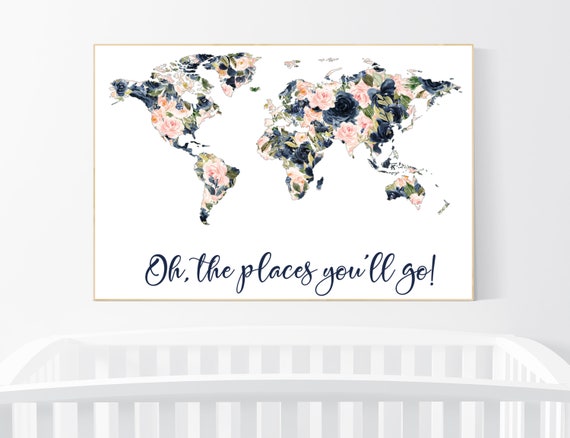 Blush and navy nursery, floral nursery, map nursery art, world map, girl room decor, girl nursery, Nursery decor girl floral, blush navy