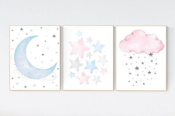 Nursery decor pink blue, twin nursery, girl and boy nursery. cloud and stars, moon and stars nursery, pink and blue, twins nursery decor