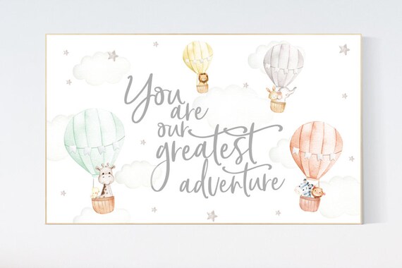 Hot air balloon nursery, gender neutral, you are our greatest adventure, safari animals, animal prints for nursery, twin nursery, unisex