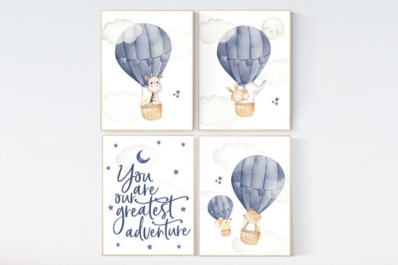 Hot air balloon nursery, navy blue, Nursery decor boy woodland animals, you are our greatest adventure, elephant, giraffe, bear, boy nursery