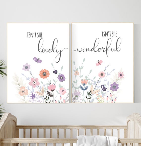 Isn’t She Lovely and Isn’t She Wonderful Floral Wall Art Set – Pastel Butterfly Nursery Prints for Baby Girl Room Decor, Set of 2