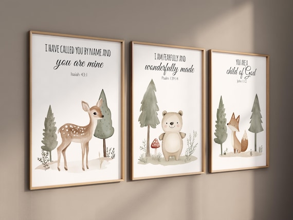 Nursery decor woodland, Woodland Nursery Wall Art, Woodland Print Set, animal prints, Woodland Animal bible verse, christian art verse print