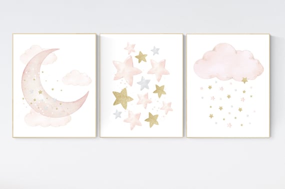 Nursery wall art girl, baby room decor girl gold and blush pink, moon and star, baby room decor, girl nursery wall art, star nursery