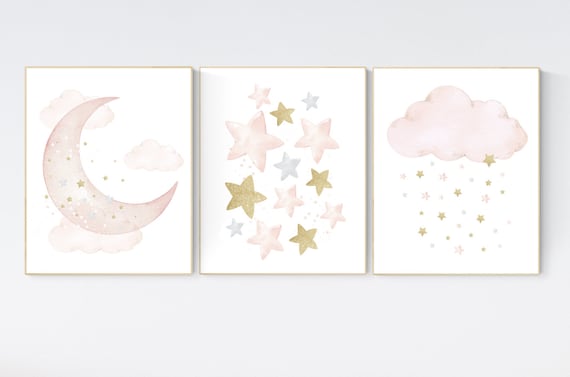 Nursery wall art girl, baby room decor girl gold and blush pink, moon and star, baby room decor, girl nursery wall art, star nursery