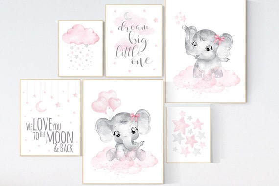 Nursery wall art girl elephant, pink grey, nursery decor girl pink, we love you to the moon and back, moon and stars, baby room decor girl