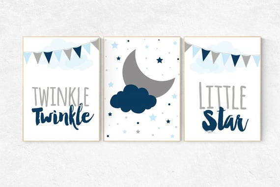 Twinkle Twinkle Little Star, cloud nursery art, Baby boy nursery decor, navy gray nursery, boys room wall art, baby room prints, set of 3