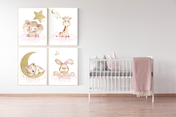 Pink and gold nursery, Nursery decor girl elephant, animal nursery, bunny nursery art, pink gold, bear nursery, giraffe baby room wall art