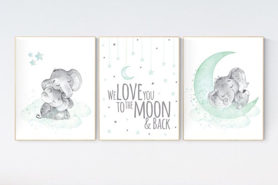 We love you to the moon and back, Elephant nursery art, elephant nursery print, mint nursery decor, gender neutral, aqua, moon and stars